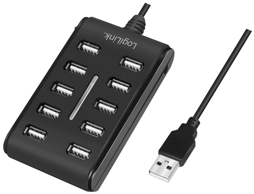 LogiLink USB 2.0 hub, 10 poorten, met aan/uit schakelaar, zwart