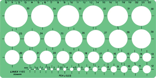 Linex cirkelsjabloon 1 - 35 mm, met 39 cirkels en milimeteruitlijning